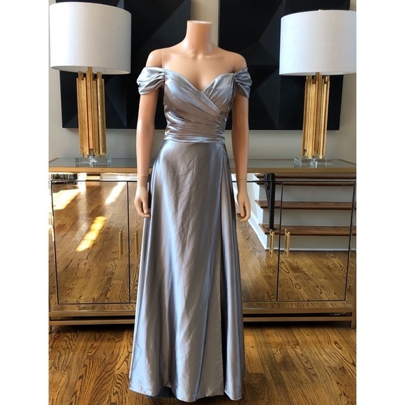 Off Shoulder Bridesmaid Prom Side Slit Satin Formal Evening with Pockets Dress - Picture 3 of 13